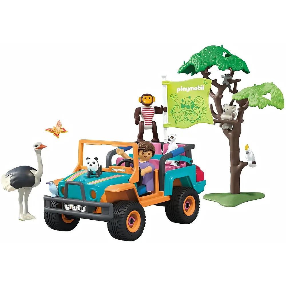 Set de safari Playmobil con un jeep, una figura, varios animales como avestruz, panda y koalas, y árboles.