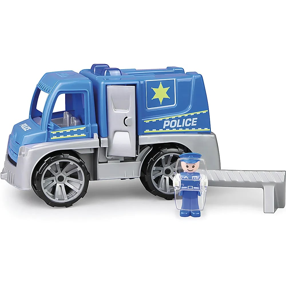 Un camion della polizia giocattolo blu e grigio con una piccola figura di poliziotto e scudo su sfondo bianco.