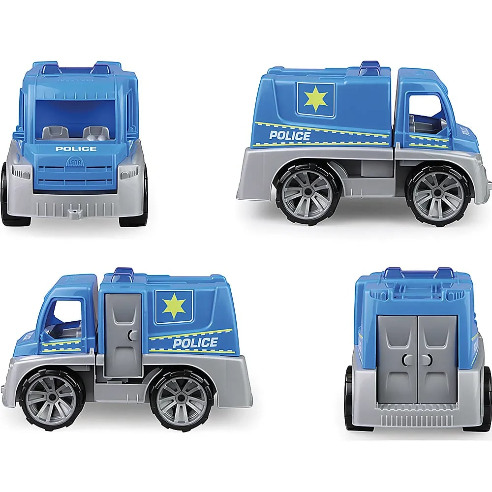 Quattro viste di un camion giocattolo della polizia blu e grigio con stella gialla e scritta police su sfondo bianco.