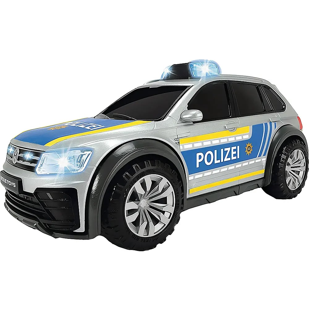 Ein silbernes deutsches Polizeiauto-Spielzeug mit blauen Lichtern und gelben Streifen auf weißem Hintergrund.