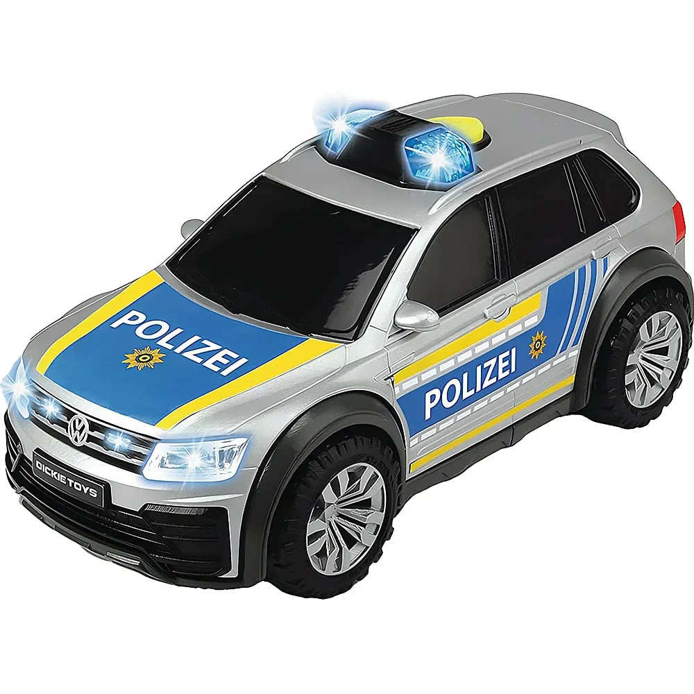 Silbernes deutsches Polizeiauto-Spielzeug mit blauen Lichtern und gelben Streifen auf weißem Hintergrund.