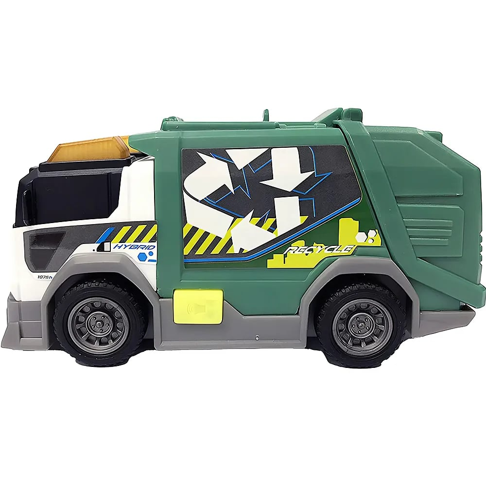 Ein grünes und weißes Spielzeug-Müllauto mit Recycling-Symbol auf der Seite und gelben Akzenten vor weißem Hintergrund.
