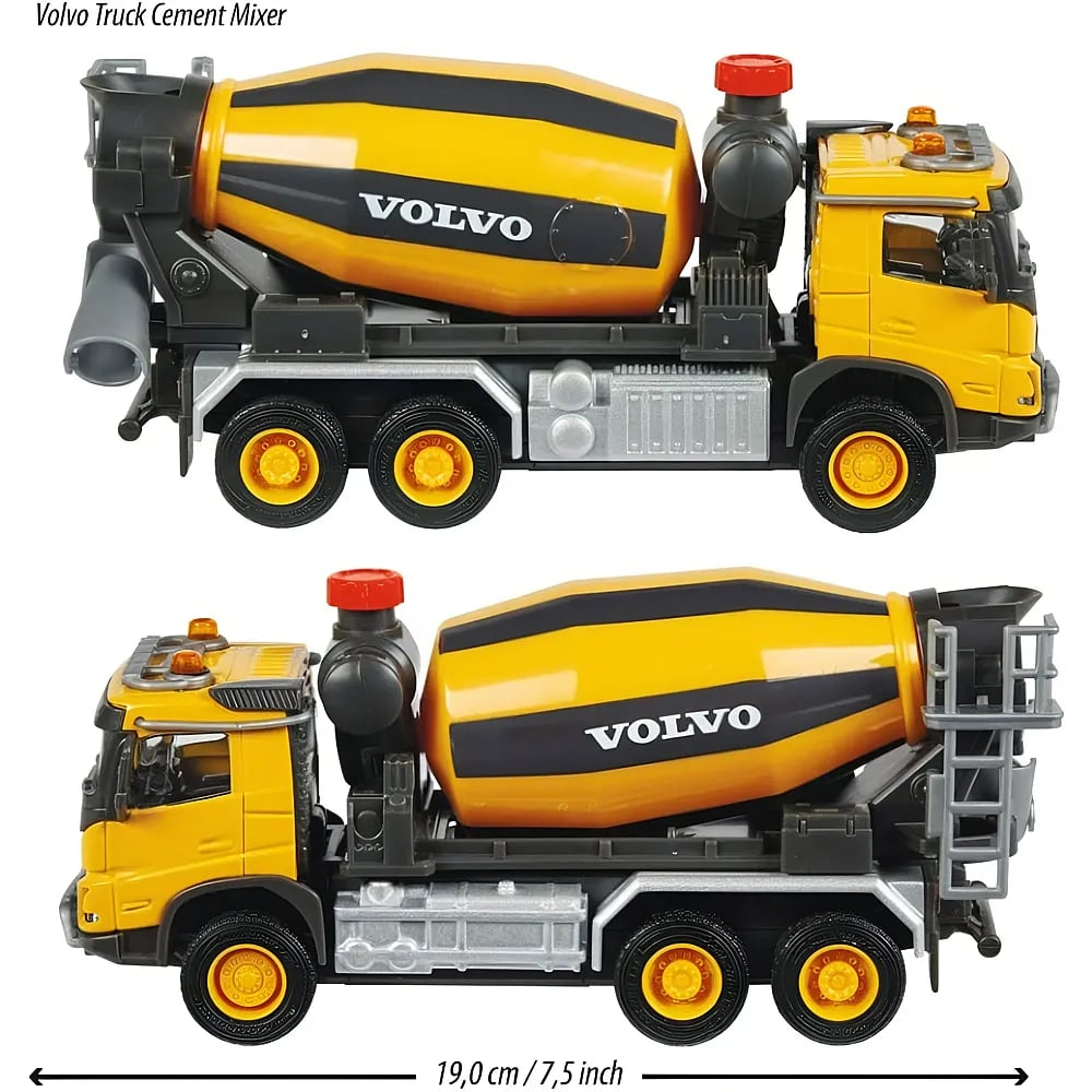 Seitenansichten eines gelb-schwarzen Volvo-Spielzeug-Betonmischers mit Kabine, Rädern und Trommel vor weißem Hintergrund.