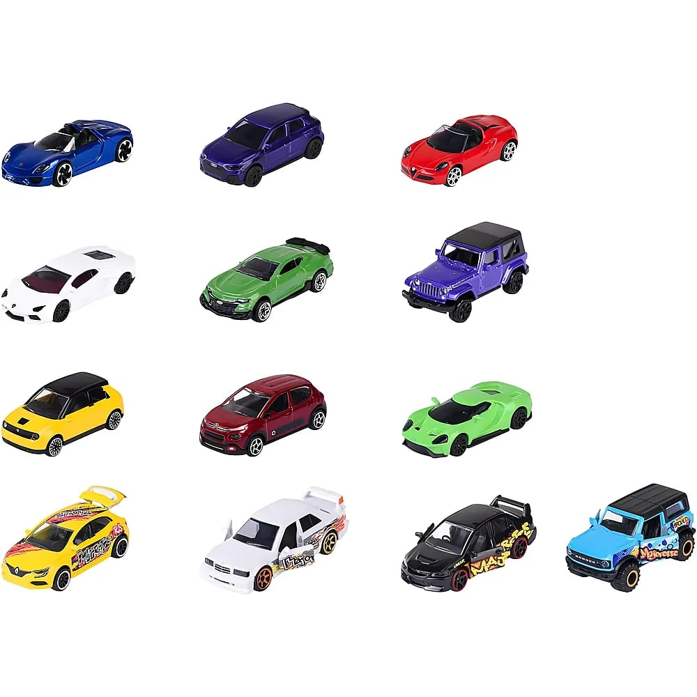 Eine Sammlung von 14 bunten Spielzeugautos in Reihen auf weißem Grund.