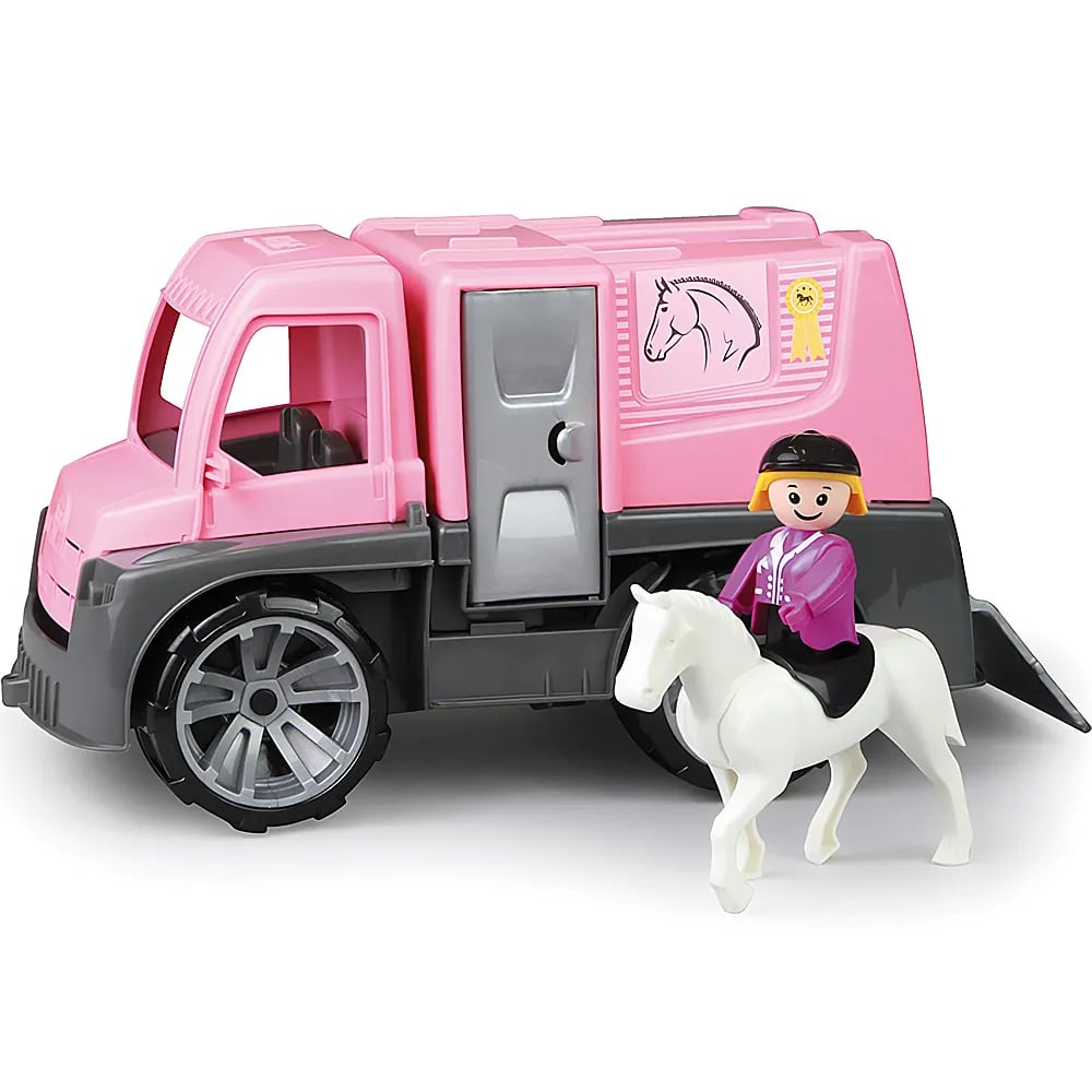 Un camion giocattolo rosa e grigio scuro con un cavaliere viola e un cavallo bianco.