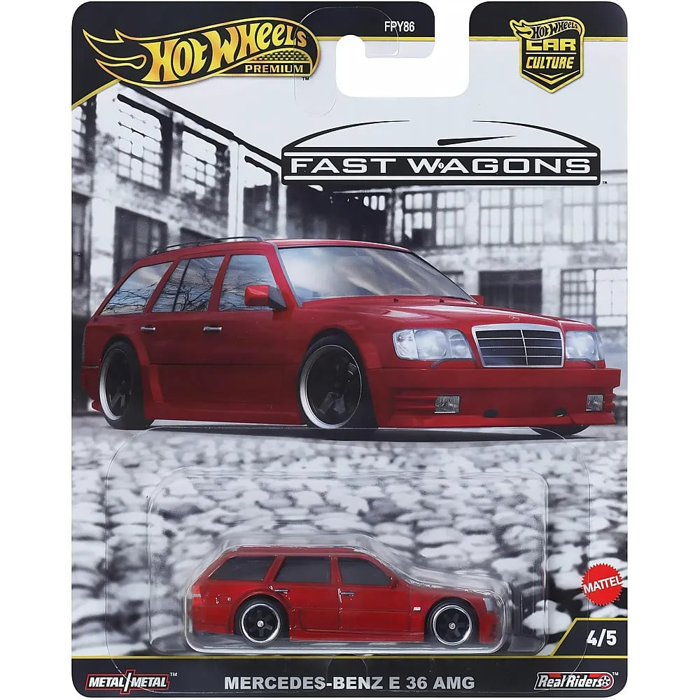 Emballage Hot Wheels Premium Fast Wagons avec une voiture miniature rouge Mercedes-Benz E 36 AMG.