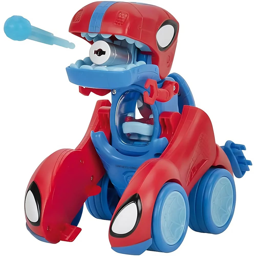Un auto de juguete de dinosaurio tematico de Spiderman rojo y azul disparando un proyectil azul.