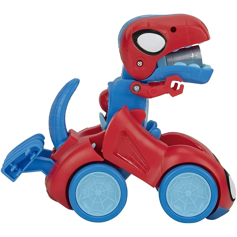 Un auto de juguete de dinosaurio de Spider-Man rojo y azul sobre cuatro ruedas.