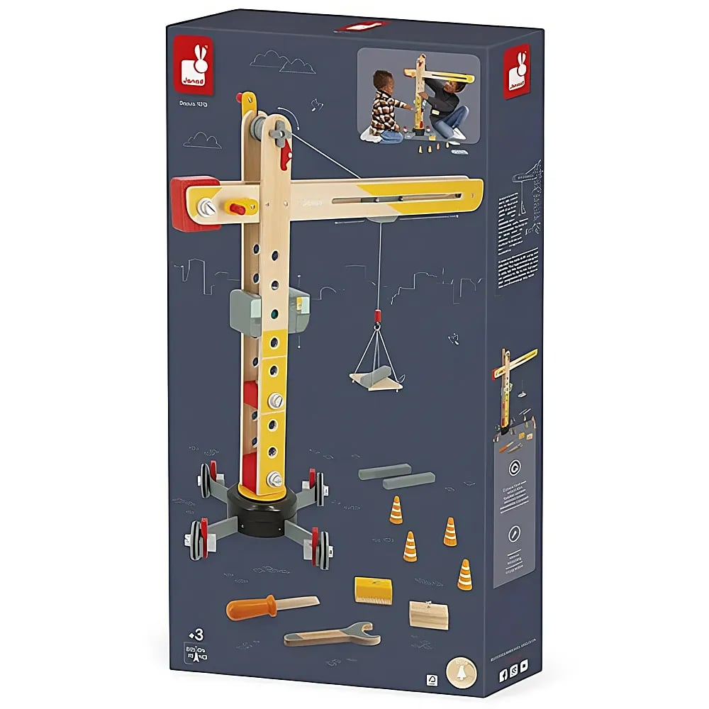 Eine Spielzeug-Holzkran-Box mit Zubehörteilen und Bauklötzen auf dunklem Hintergrund.
