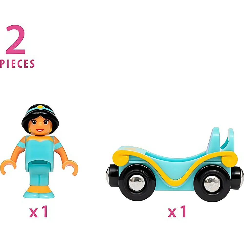 Una statuetta di principessa e un'auto giocattolo turchese su sfondo bianco con testo 2 Pieces.