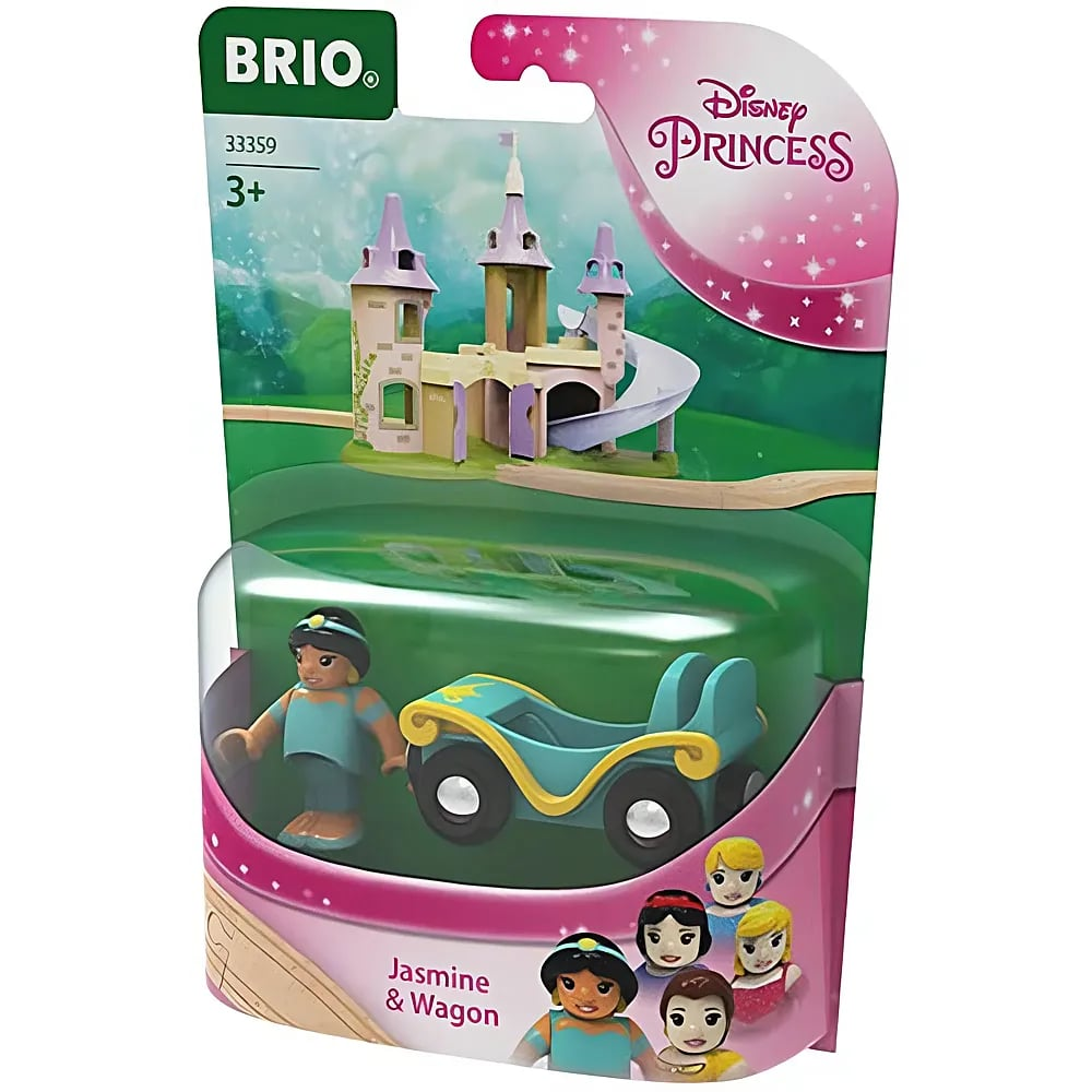 Set di gioco Brio Disney Princess Jasmine e carretto nella confezione originale con sfondo castello.