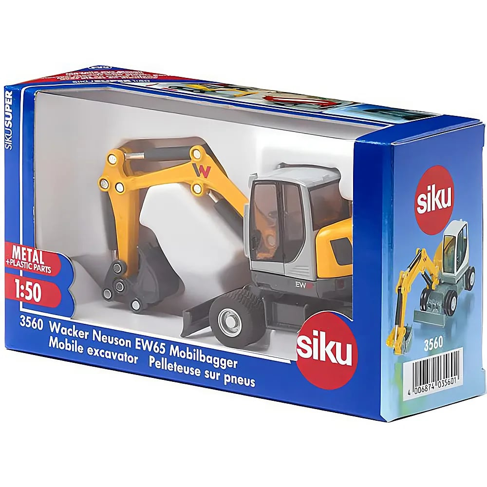 Ein Siku 1:50 Wacker Neuson EW65 Mobilbagger Spielzeug in seiner blau-weißen Verpackung.