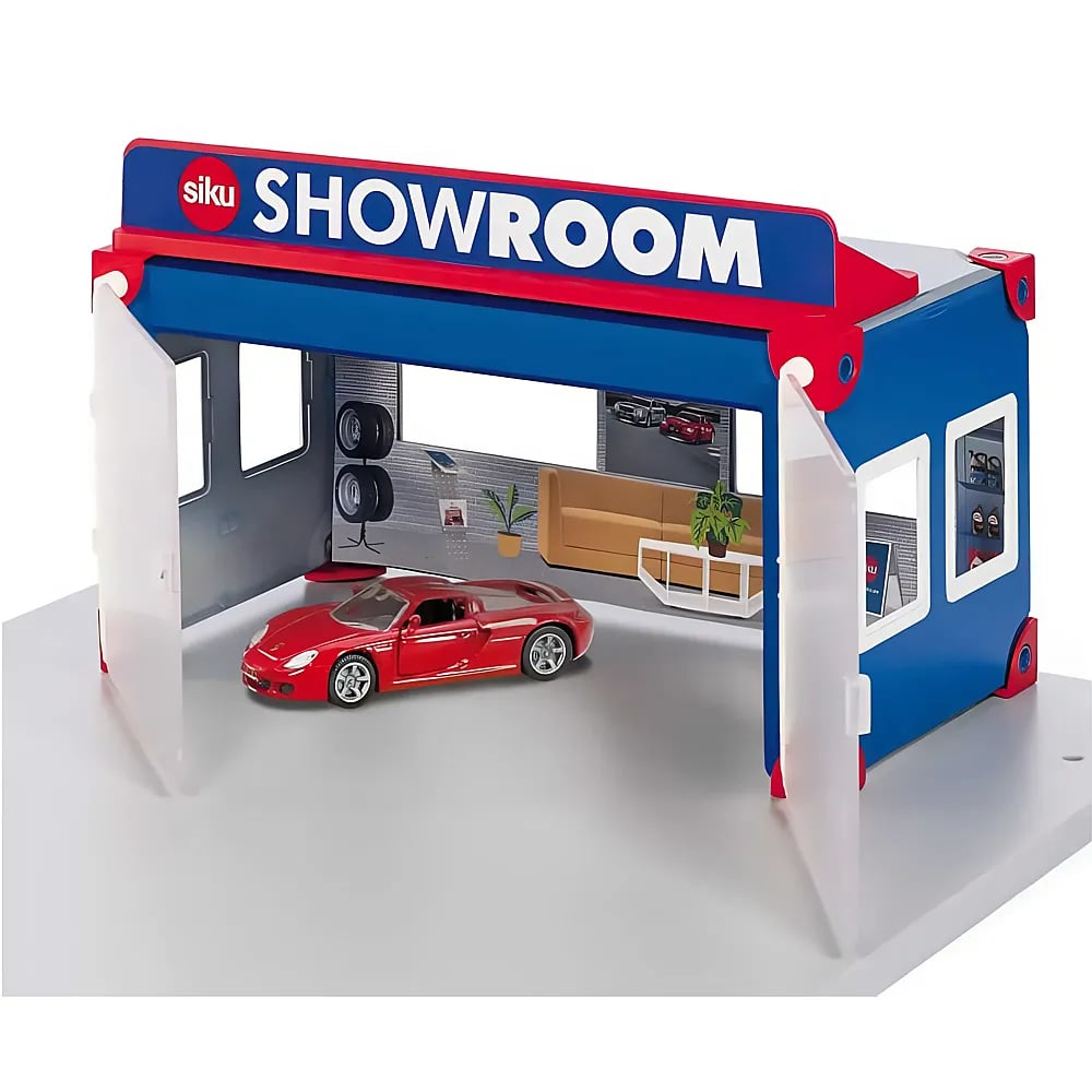 Ein blau-rotes Siku-Ausstellungsgebäude für Spielzeug enthält innen einen roten Miniatur-Sportwagen.