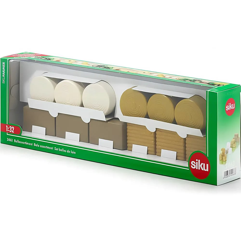 Eine Siku Spielzeugverpackung mit runden und eckigen Stroh- und Heuballen in Weiß und Braun.