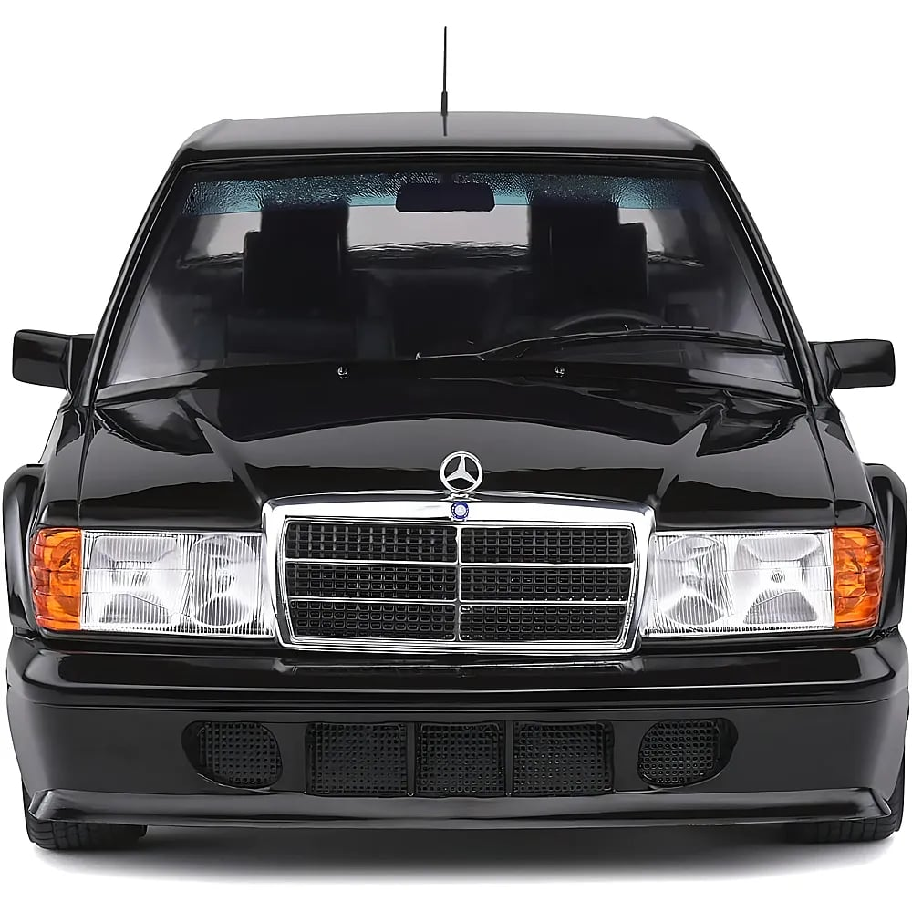 Vista frontale di una classica auto nera Mercedes-Benz con griglia lucida.