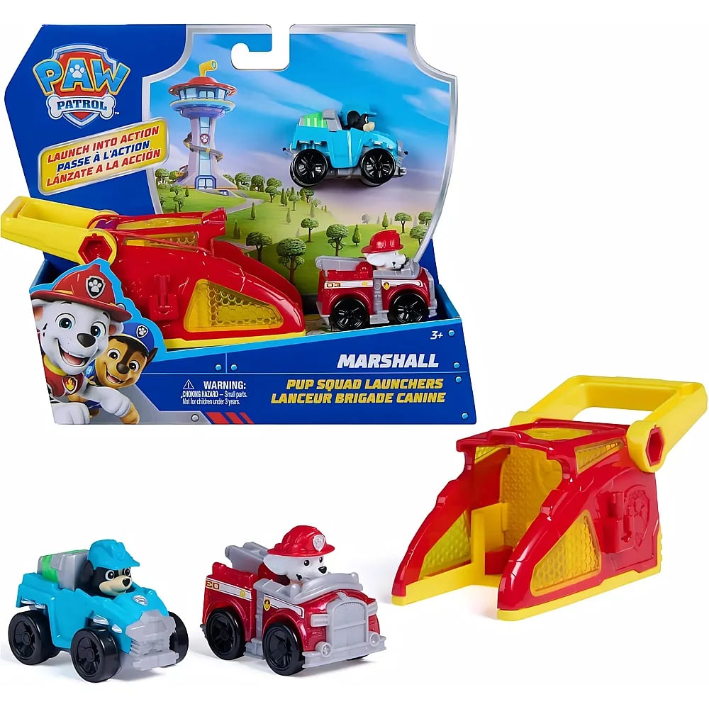 Set de juguetes Paw Patrol Pup Squad con camión de bomberos de Marshall, vehículo azul y caja.