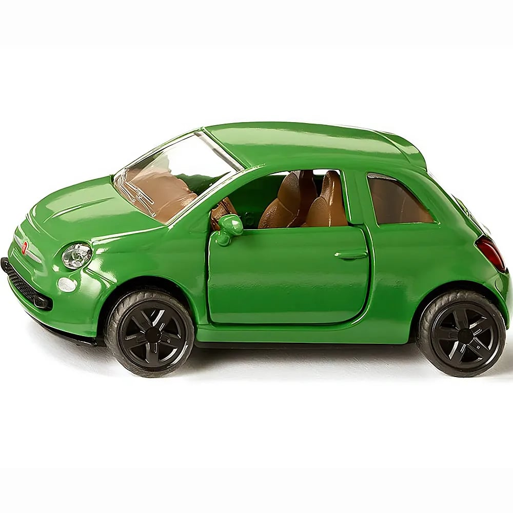 Ein kleines grünes Spielzeugauto mit braunen Sitzen und schwarzen Feldern auf weißem Hintergrund.