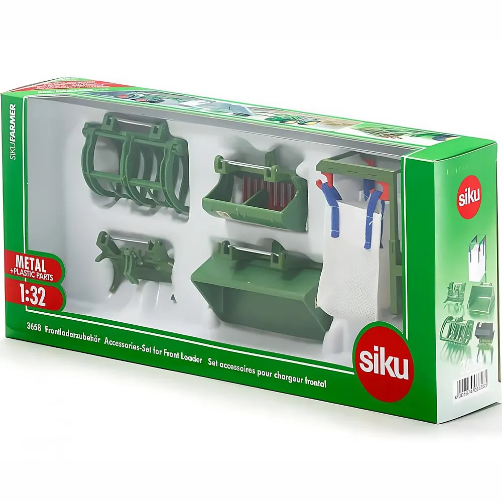 Siku 1:32 Frontladerzubehör Set in einer grünen Verpackung mit verschiedenen grünen Anbaugeräten.