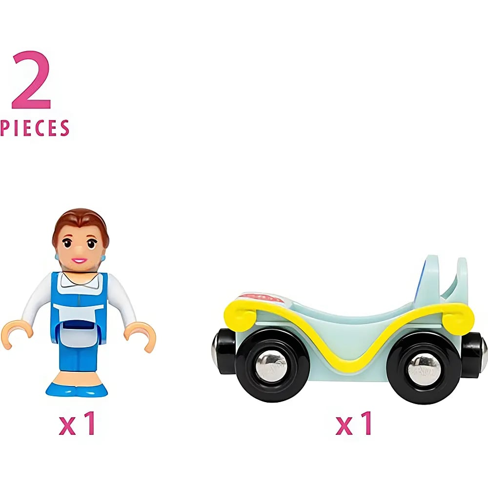 Ein Spielset mit einer weiblichen Figur in blauem Kleid und einem hellblauen Spielzeugauto mit schwarzen Rädern.