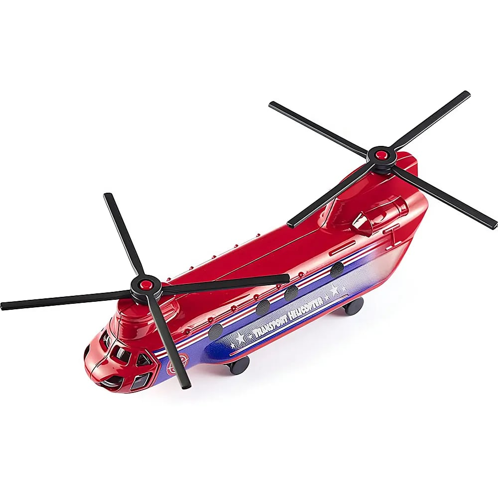 Ein roter und blauer Spielzeughubschrauber mit zwei Rotoren auf weißem Hintergrund.