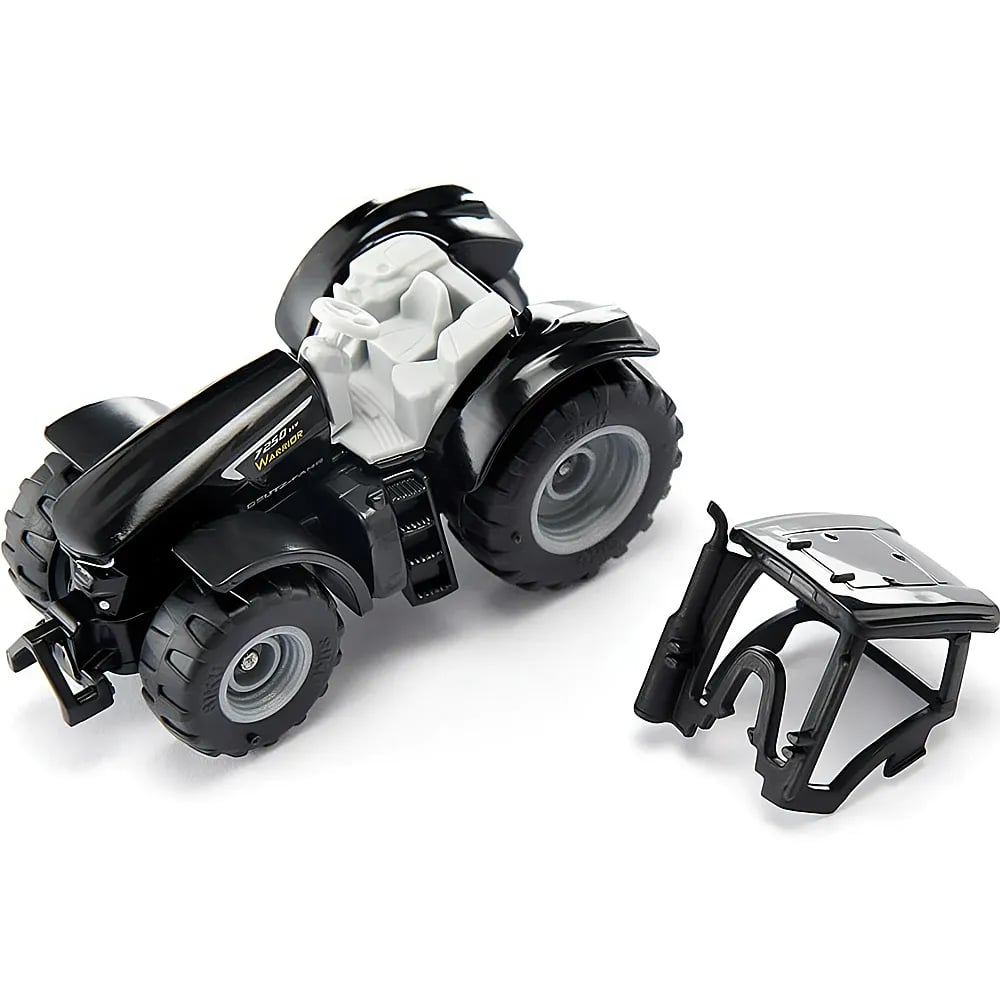 Ein schwarzer Spielzeugtraktor mit grauem Innenraum und abnehmbarem schwarzem Kabinendach vor weißem Hintergrund.