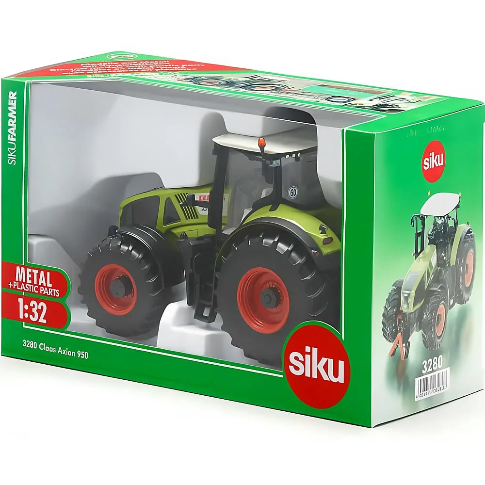 Zabawkowy traktor Siku Claas Axon 950 w zielono-białym pudełku z dużymi kołami.