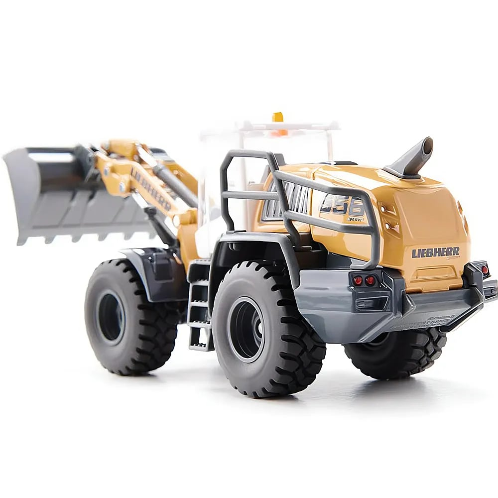 Ein gelber und grauer Liebherr-Radlader-Spielzeugwagen auf weißem Hintergrund.