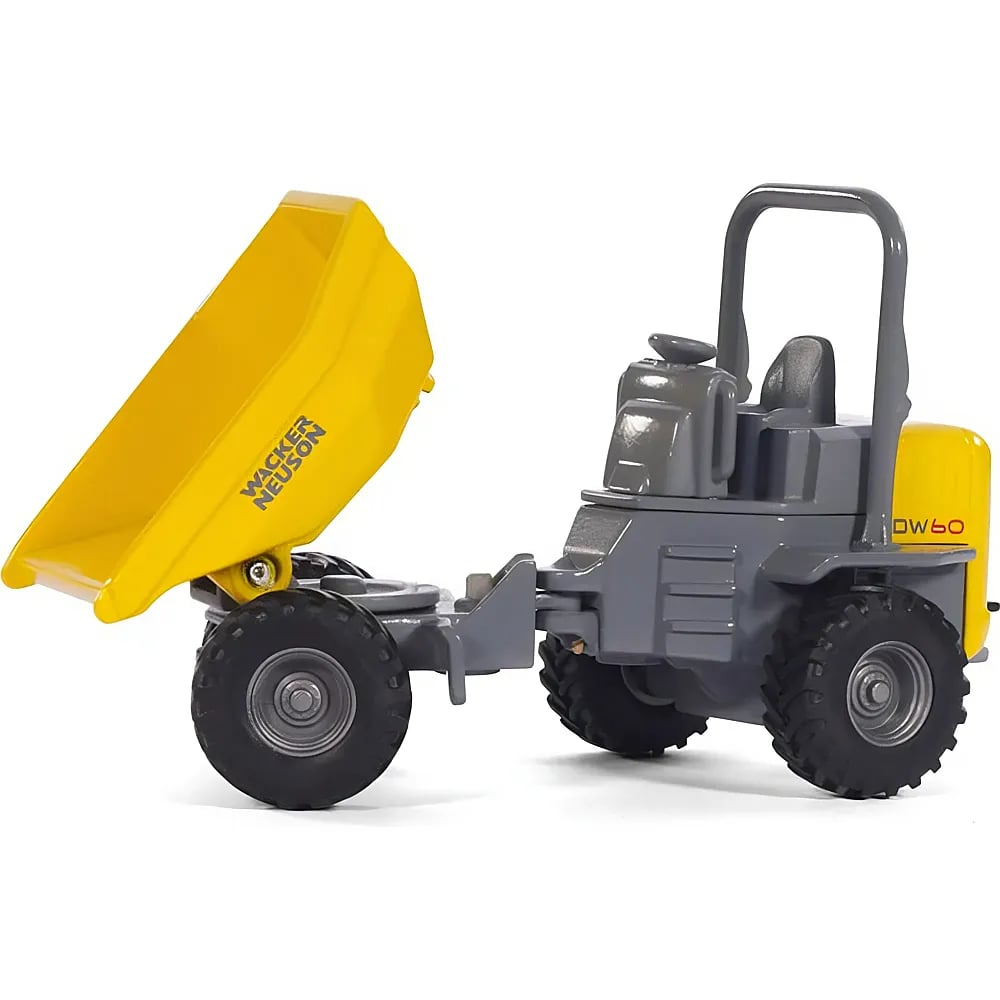 Ein gelb-grauer Wacker Neuson DW60 Baustellenkipper als Spielzeug mit hochgeklappter Mulde.
