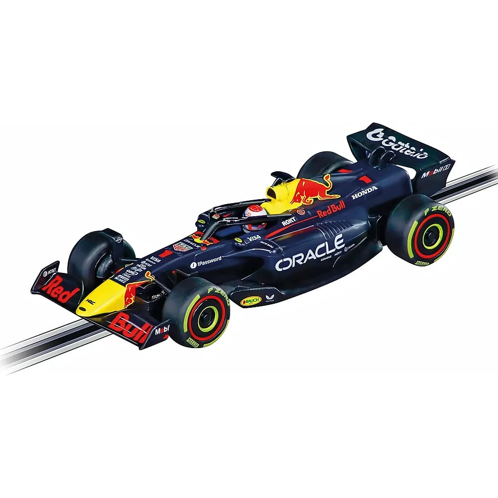 Ein blau-gelber Red Bull Formel-1-Modellrennwagen steht auf einer Rennbahn.