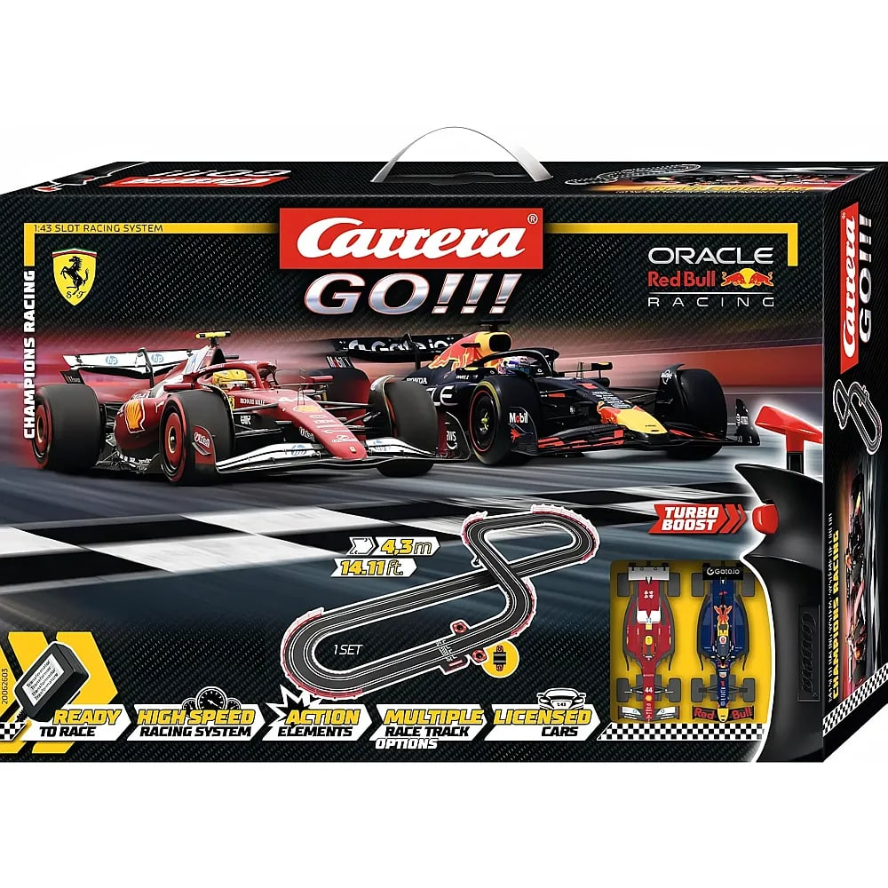 Eine Schachtel Carrera GO!!! Oracle Red Bull Racing Slotcar-Set mit zwei Formel-1-Autos und einer Rennstrecke.