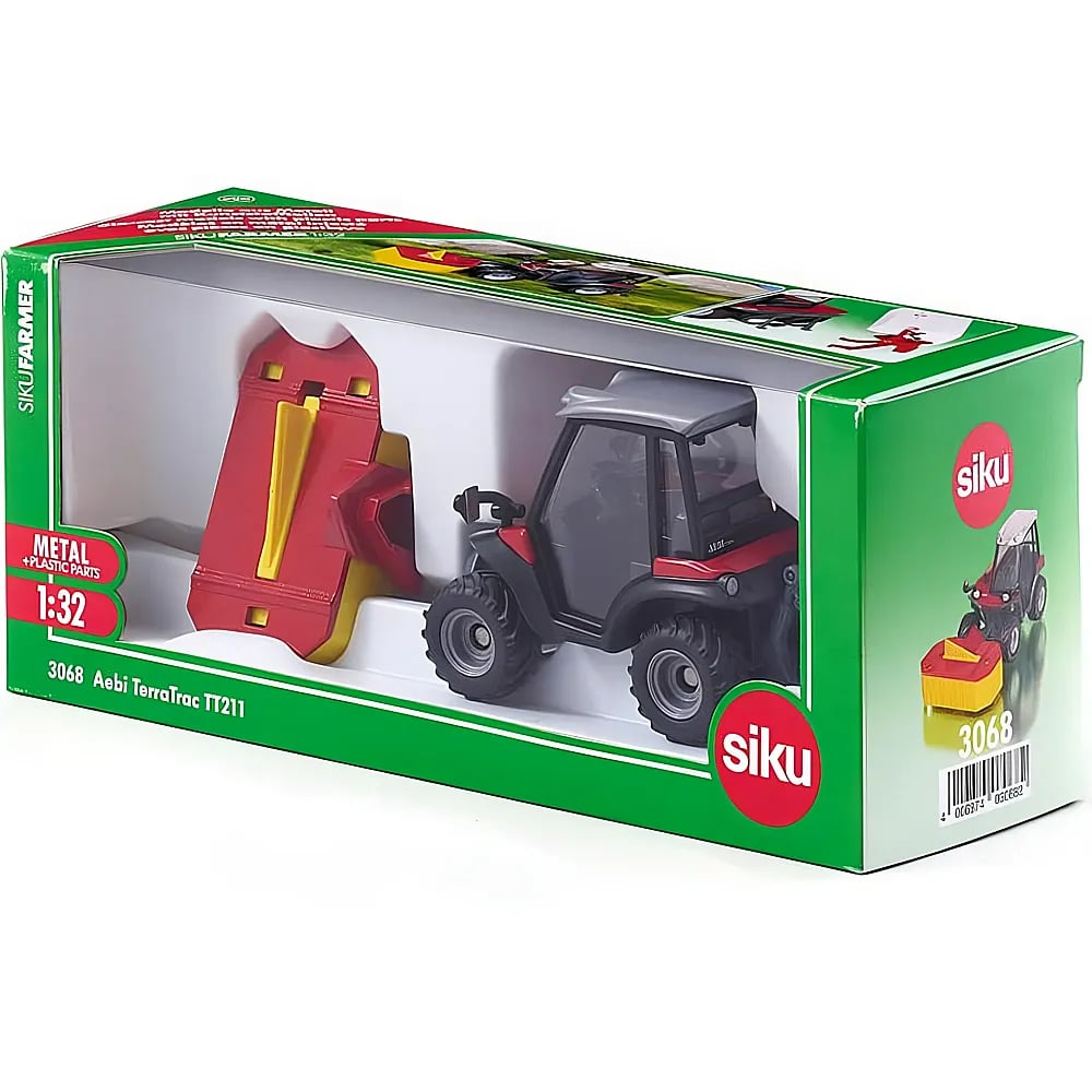 Siku 3068 Aebi TerraTrac TT211 Modell in grüner Verpackung mit Mähwerk.