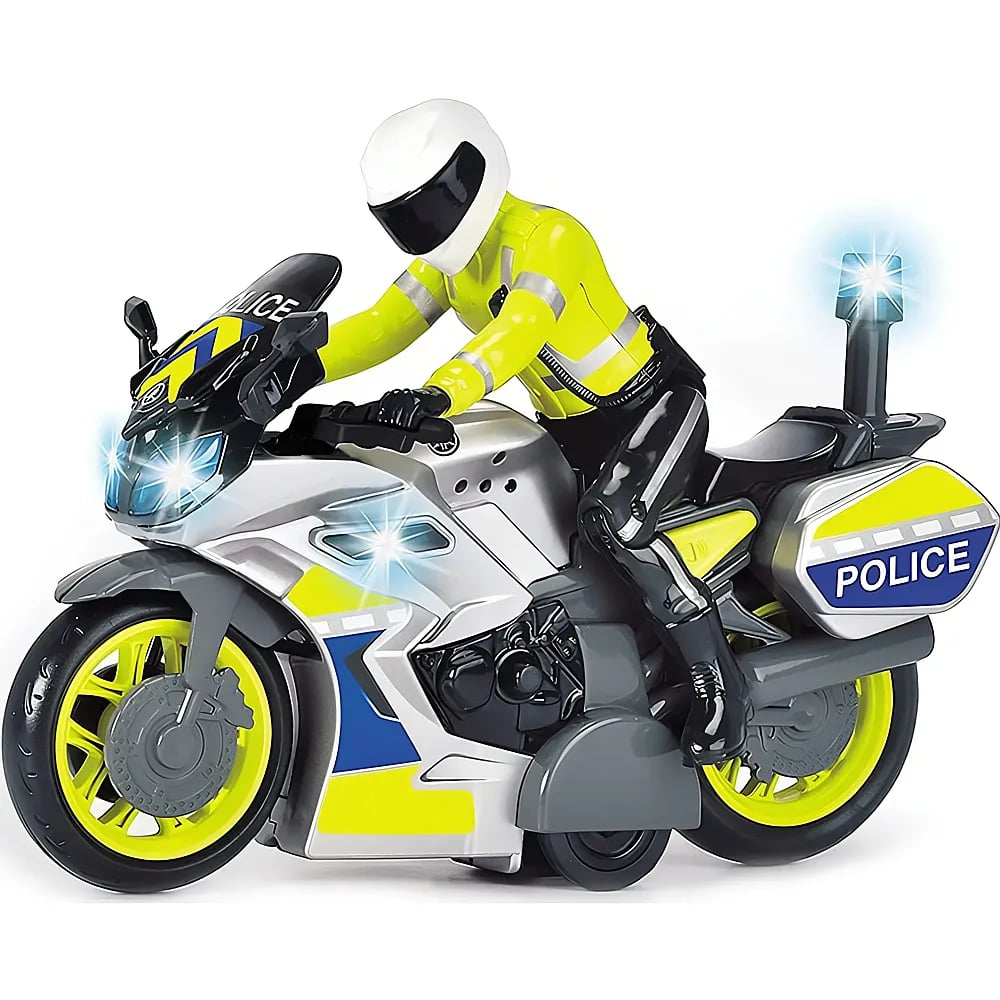 Un giocattolo di moto della polizia argento e giallo con un pilota con casco bianco e giacca gialla, e luci blu.