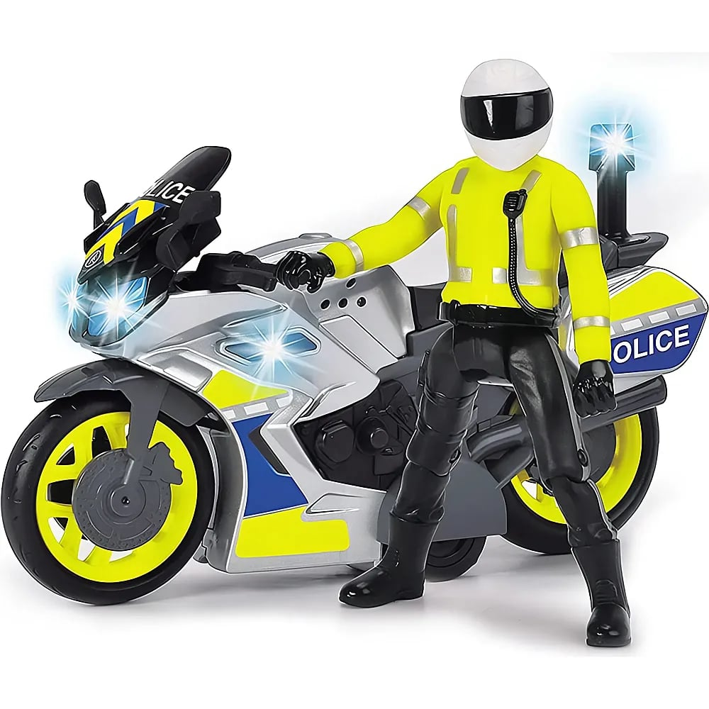 Moto della polizia giocattolo in argento, giallo e blu con un agente in giacca giallo vivo e casco bianco.