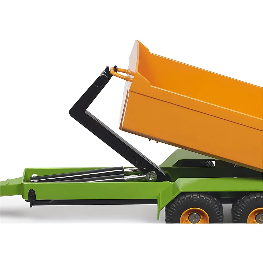 Un camion con cassone ribaltabile giocattolo con rimorchio verde e cassone arancione sollevato da un braccio nero.