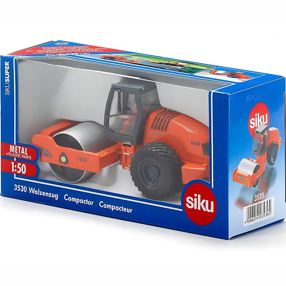 Un compactador Siku naranja a escala 1:50 dentro de su embalaje azul original.