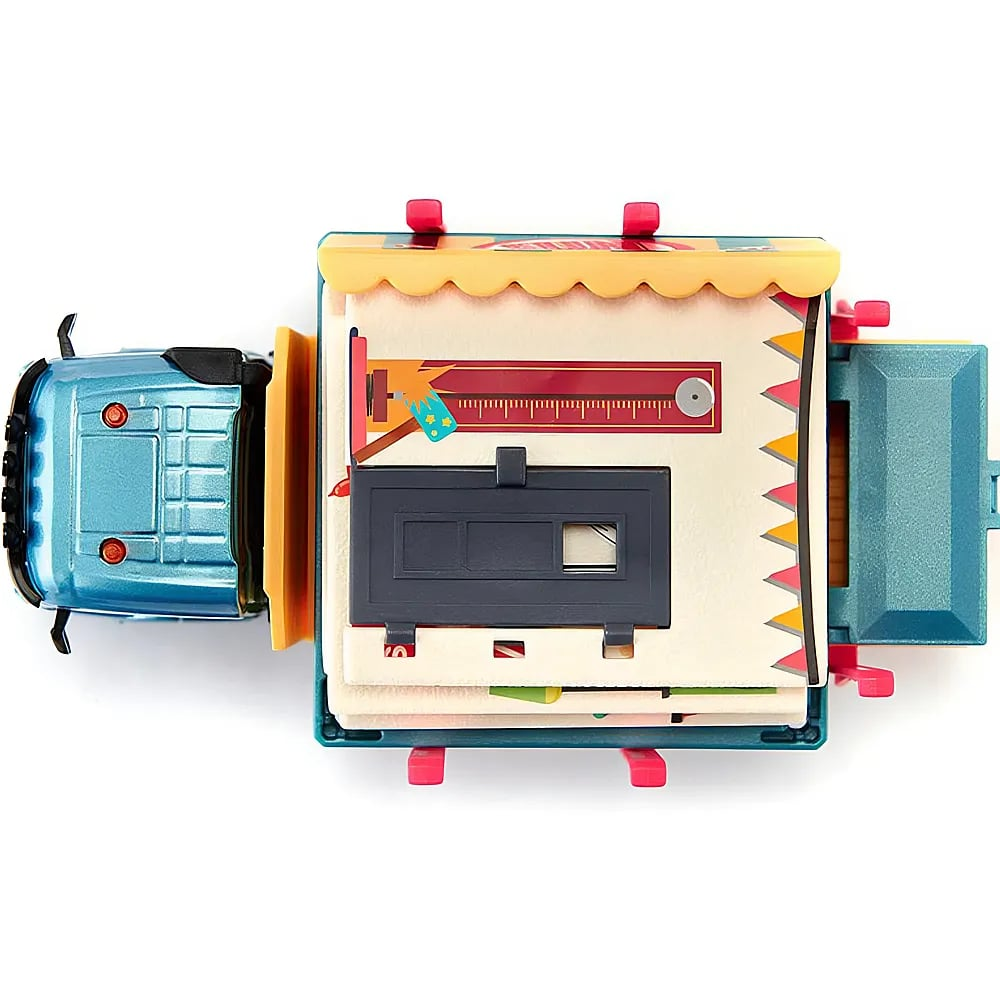 Draufsicht eines bunten Spielzeug-Jahrmarktwagens mit blauem Führerhaus, Spielen und Zeltdach.