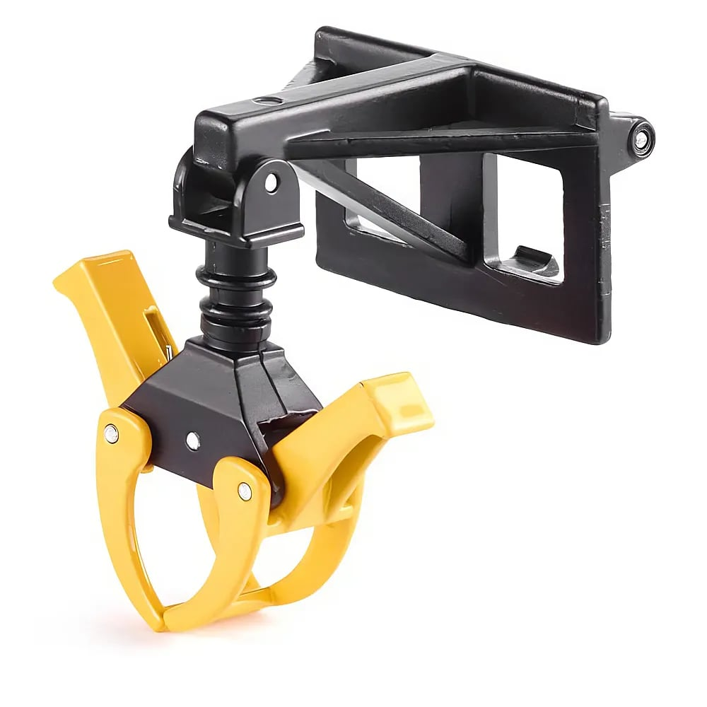 Ein mechanischer Greifer in Schwarz und Gelb vor weißem Hintergrund.