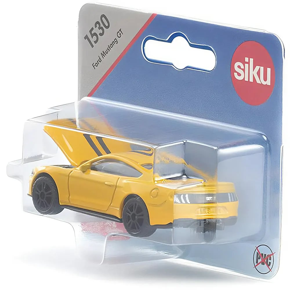 Gelbes Siku Ford Mustang GT Spielzeugauto in Originalverpackung mit geöffneter Motorhaube.