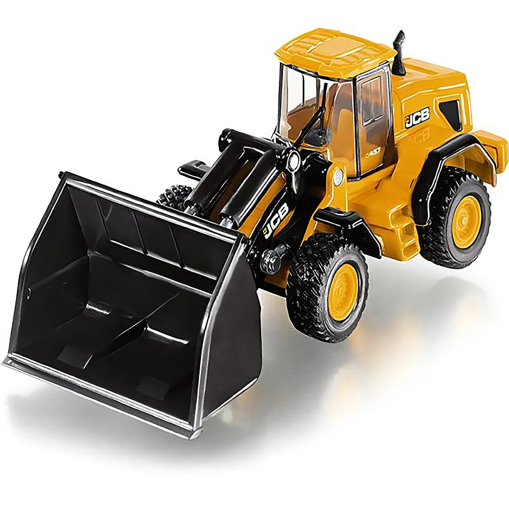 Ein gelb-schwarzer JCB-Radlader-Spielzeugmodell auf weißem Hintergrund.