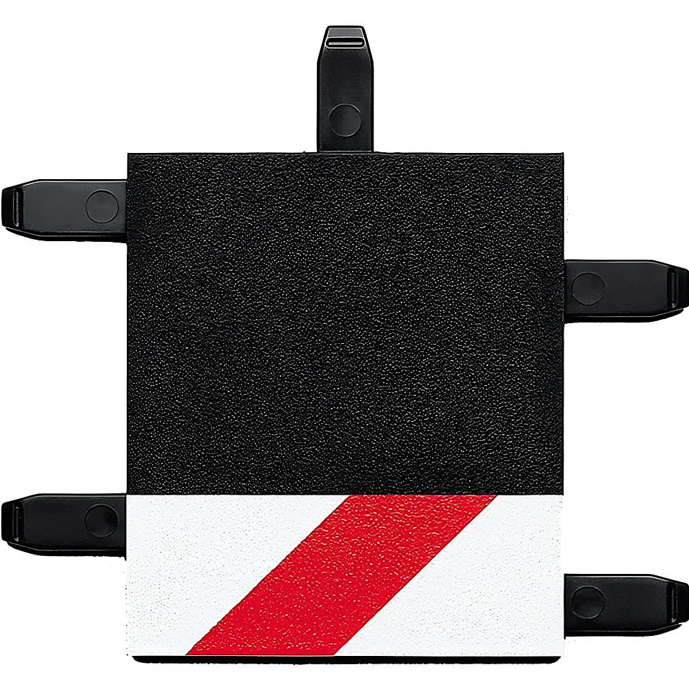 Ein quadratisches, schwarzes und weißes Element mit roten Diagonalstreifen und fünf angebrachten Verbindungsstücken.