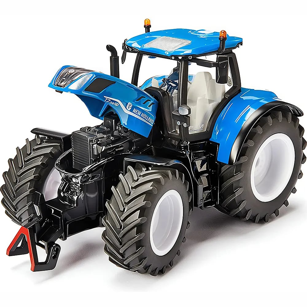 Un modello dettagliato di un trattore blu New Holland con cofano aperto su sfondo bianco.