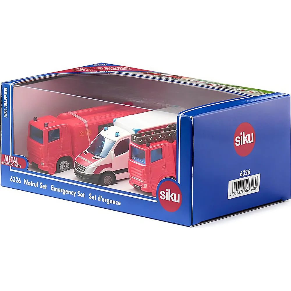 Siku Notruf Set in blauer Verpackung mit drei Einsatzfahrzeugen: ein rotes Feuerwehrauto, ein weißer Rettungswagen und ein roter Lkw.