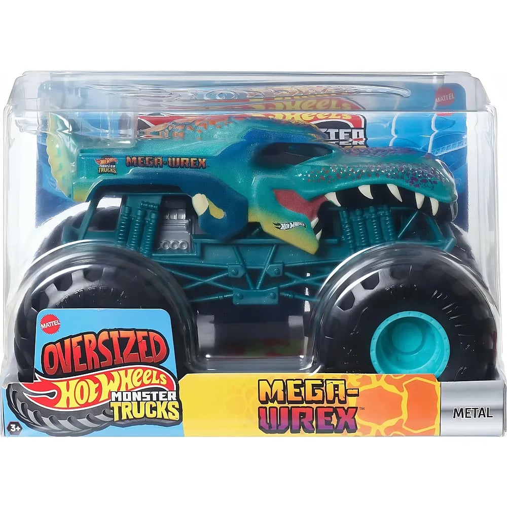 Hot Wheels Mega-Wrex Monstertruck in ungeöffneter Verpackung mit grünem Dinosaurier-Design.