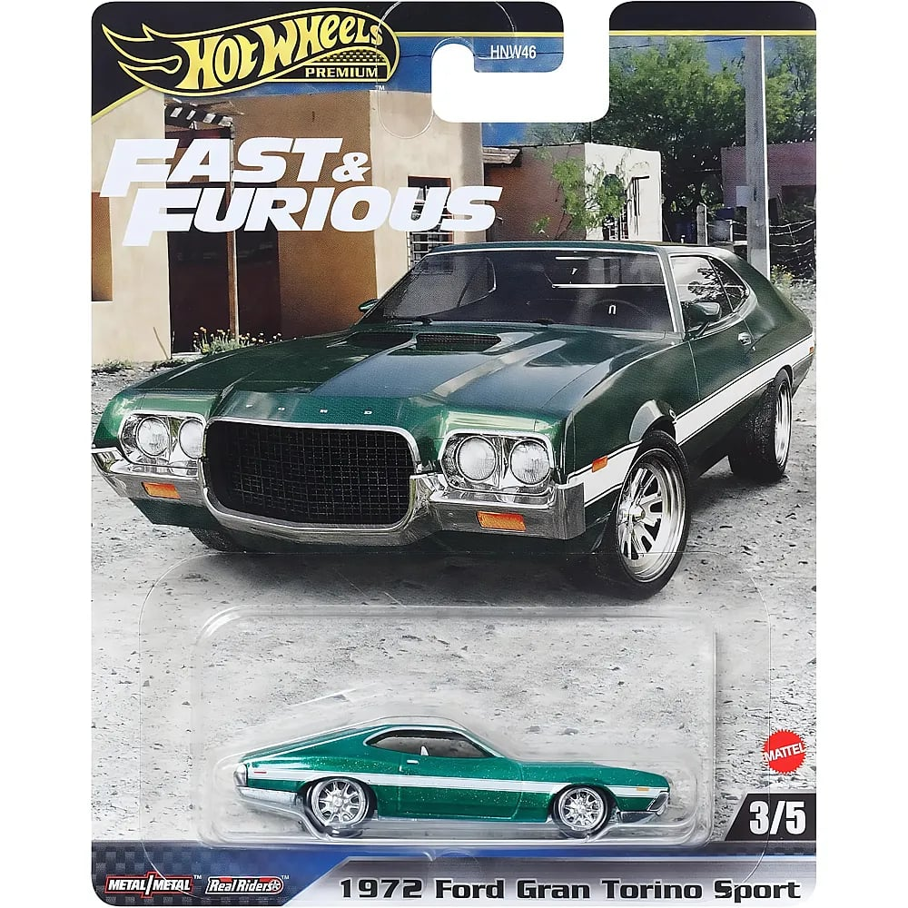 Hot Wheels Premium 1972 Ford Gran Torino Sport verde con striscia bianca, confezionato su blister Fast & Furious.