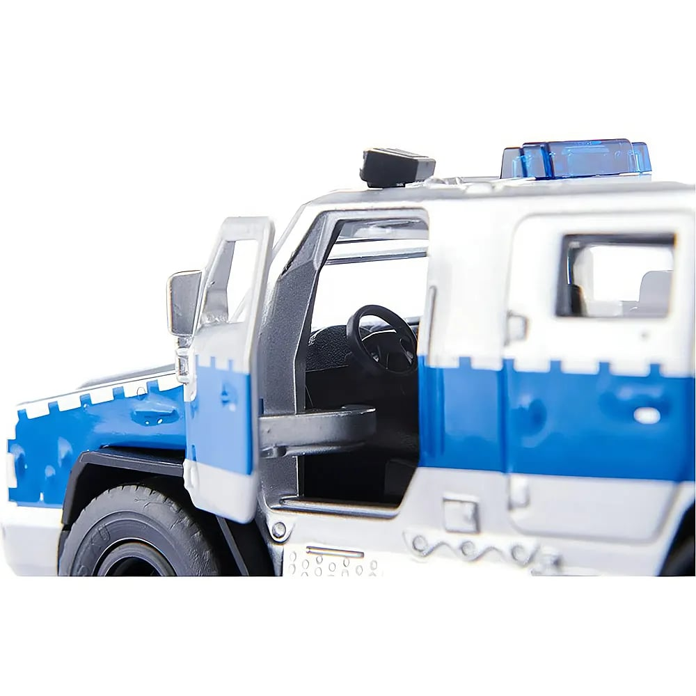 Nahaufnahme eines silber-blauen Spielzeug-Polizeiautos mit offener Tür.