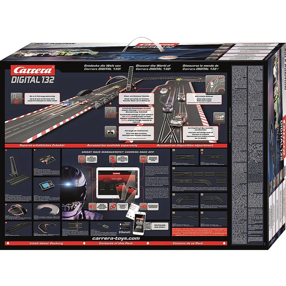 Parte trasera de una caja de Carrera Digital 132 con pistas y accesorios.