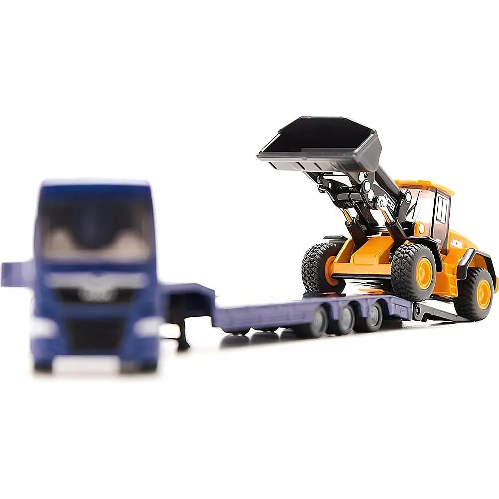 Ein blauer Spielzeuglastwagen mit Auflieger, auf dem ein gelber Bagger steht.