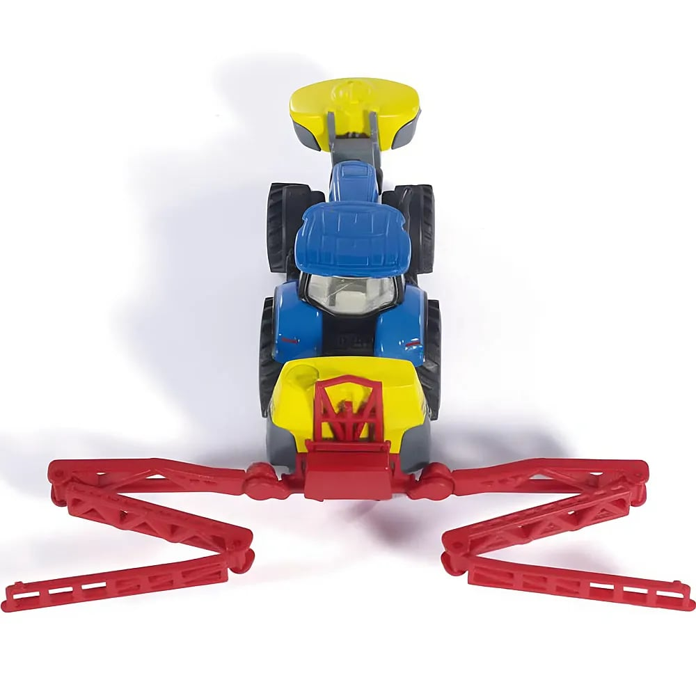 Spielzeugtraktor in Blau, Gelb und Rot mit ausgefahrenen Spritzarmen auf weißem Hintergrund.