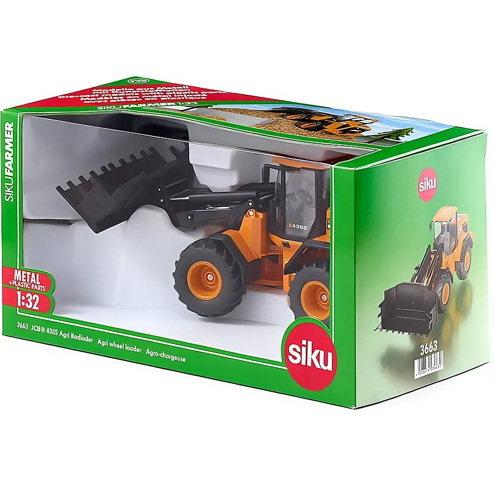 Ein Siku-Spielzeug-Radlader in einer grünen Schachtel mit rotem Logo.