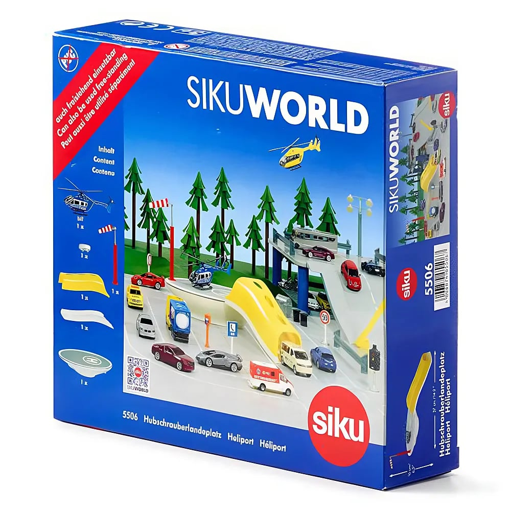 Blaue Sikuworld Hubschrauberlandeplatz-Spielzeugverpackung mit Autos, Hubschraubern, Bäumen und Rampen.